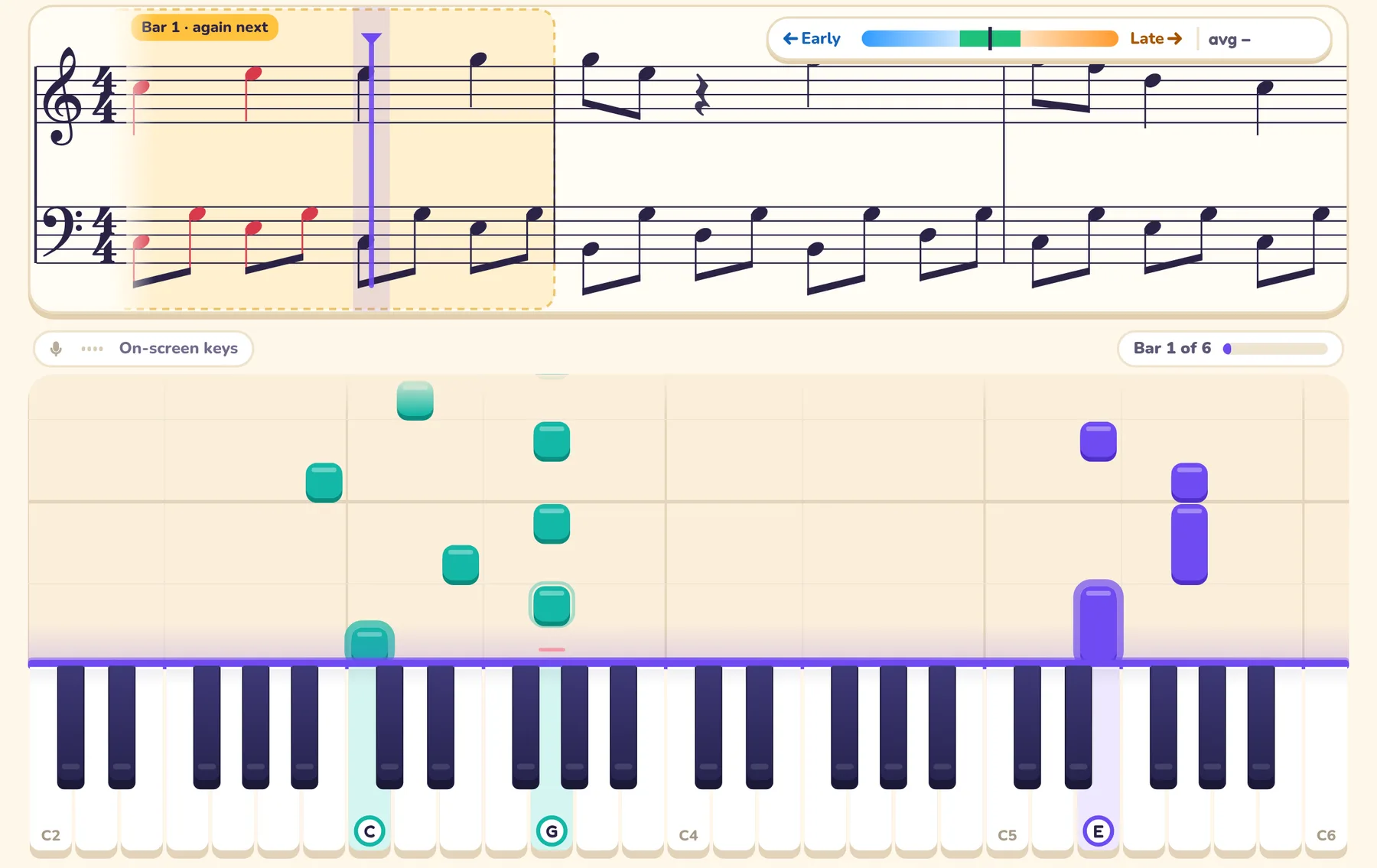 Maestro mid-exercise: a scrolling grand staff with an early and late timing meter above coloured notes falling onto a lit on-screen keyboard.